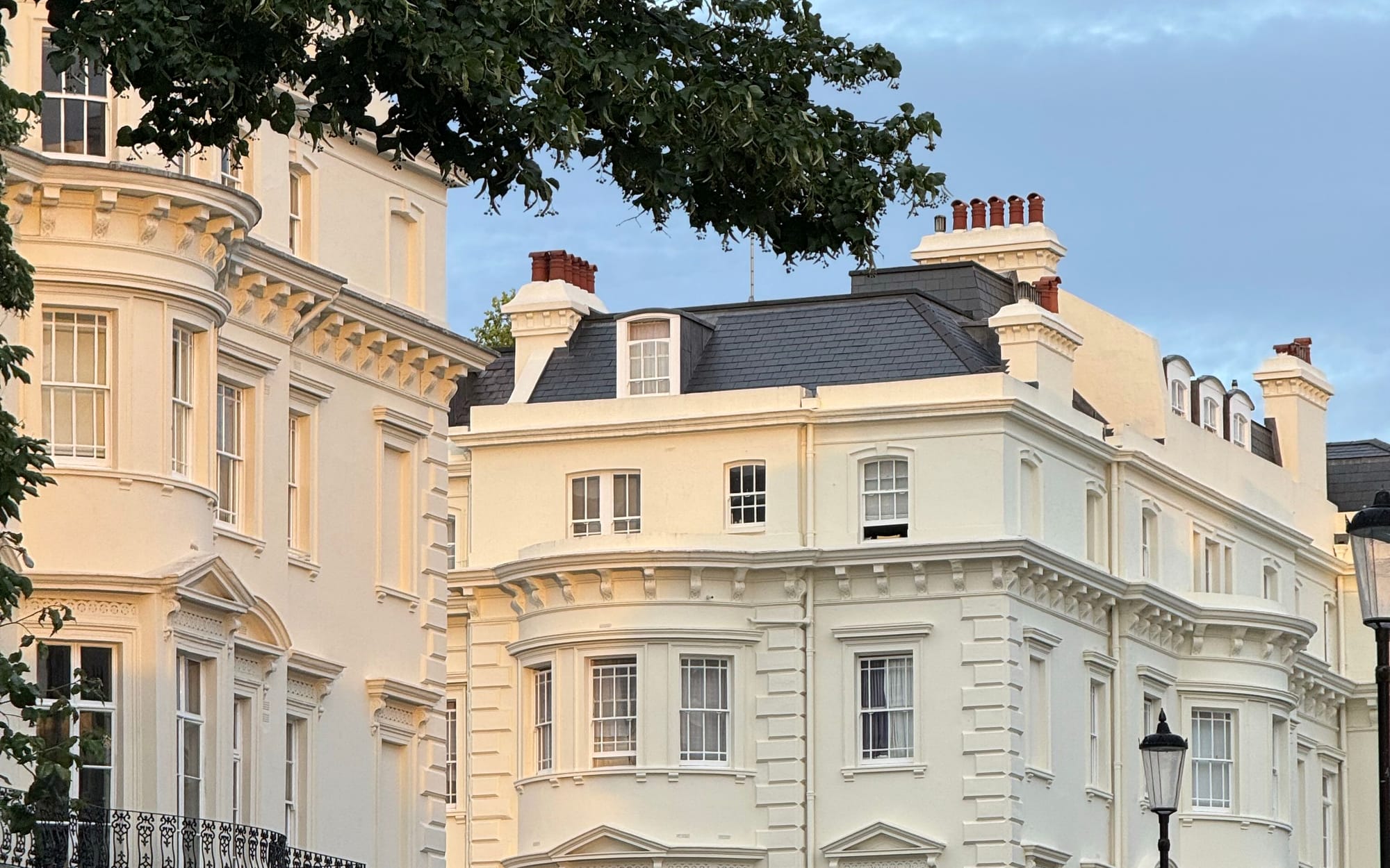 A quiet Belgravia street of white stucco-fronted townhouses